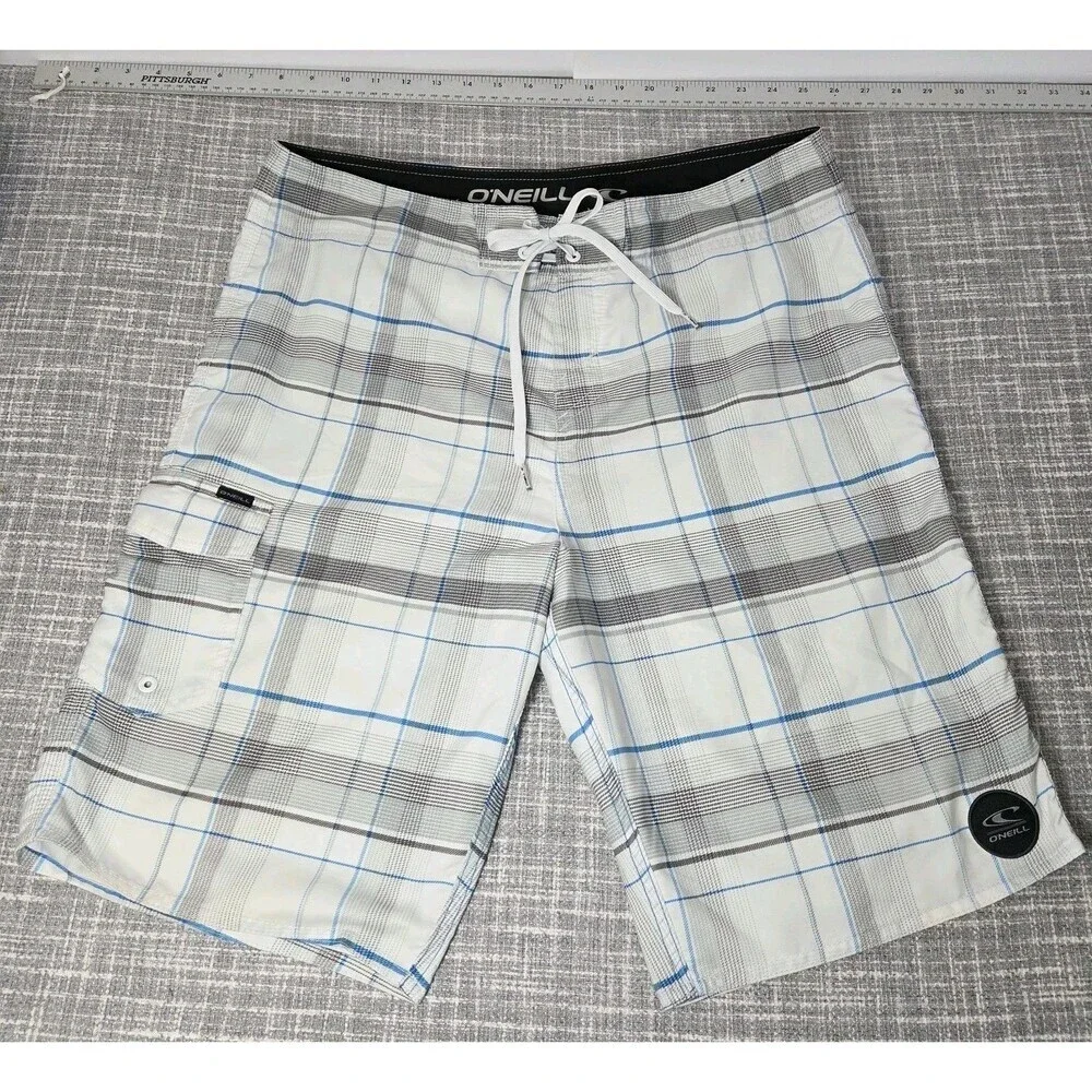 O'Neill Board Shorts Men's 34 White/Blue Plaid 11